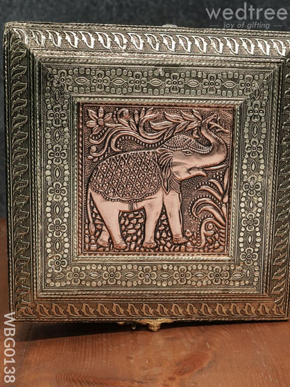 Oxidized Golden and Red Embossed Dry Fruit Box with Elephant and Floral Design - 8X8 Inches