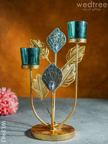 Peacock Feather Stand with 2 Glass T-light Holders