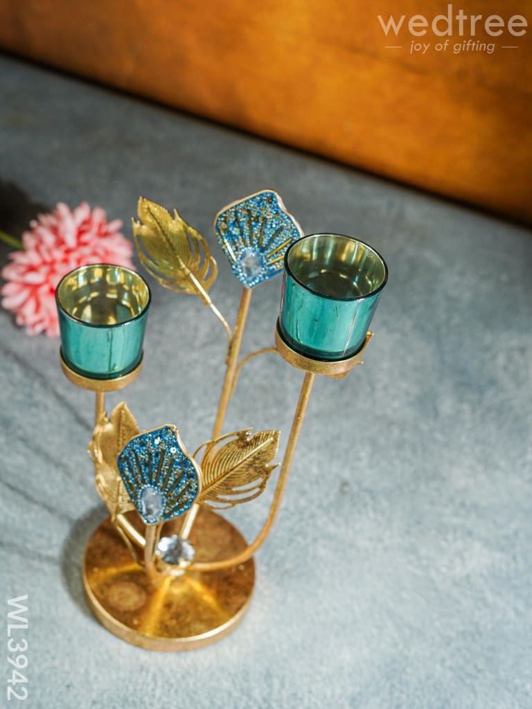 Peacock Feather Stand with 2 Glass T-light Holders