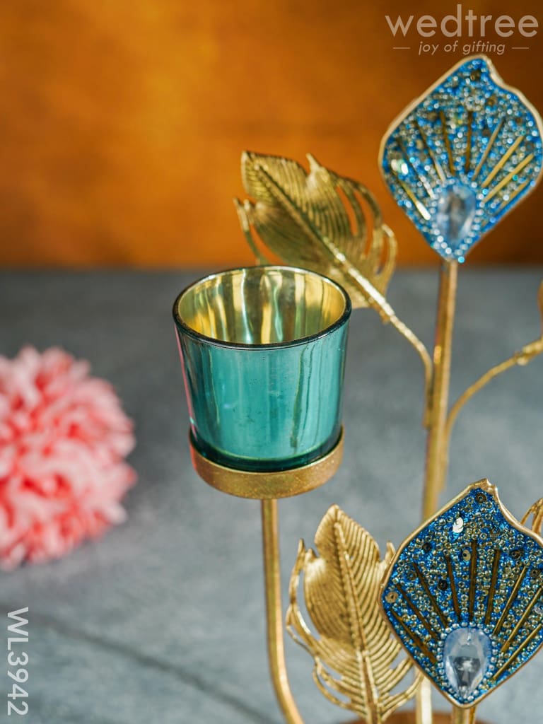 Peacock Feather Stand with 2 Glass T-light Holders