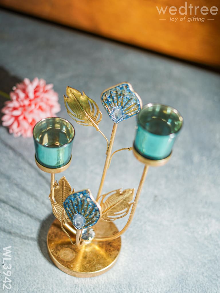 Peacock Feather Stand with 2 Glass T-light Holders