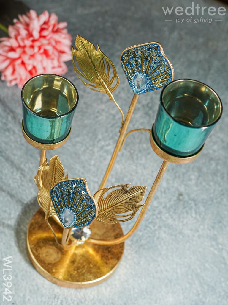 Peacock Feather Stand with 2 Glass T-light Holders