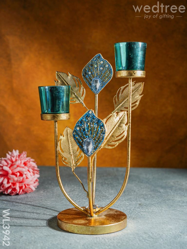 Peacock Feather Stand with 2 Glass T-light Holders