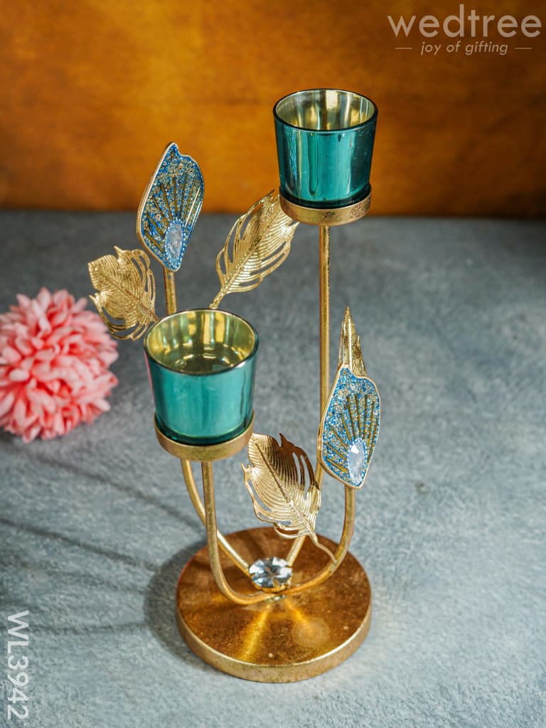 Peacock Feather Stand with 2 Glass T-light Holders