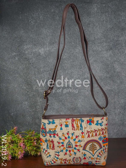 Printed Fabric Sling Bag with Faux Leather Handle