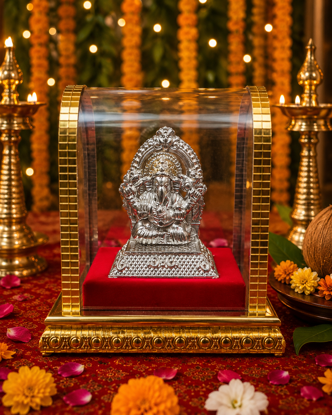 Free German Silver Ganesh Idol in Golden Display Case · $30 value · Desify Ganesh Chaturthi 2026