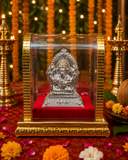 Free German Silver Ganesh Idol in Golden Display Case · $30 value · Desify Ganesh Chaturthi 2026
