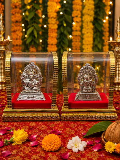 Two German Silver Ganesh Idols in Golden Display Cases · Ganesh Chaturthi and Vinayaka Chavithi 2026 · Free with every Desify order
