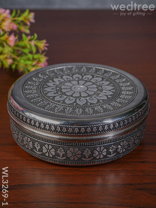 Silver Oxidised Floral Design Poori Box