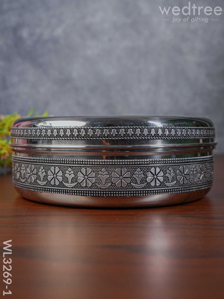 Silver Oxidised Floral Design Poori Box