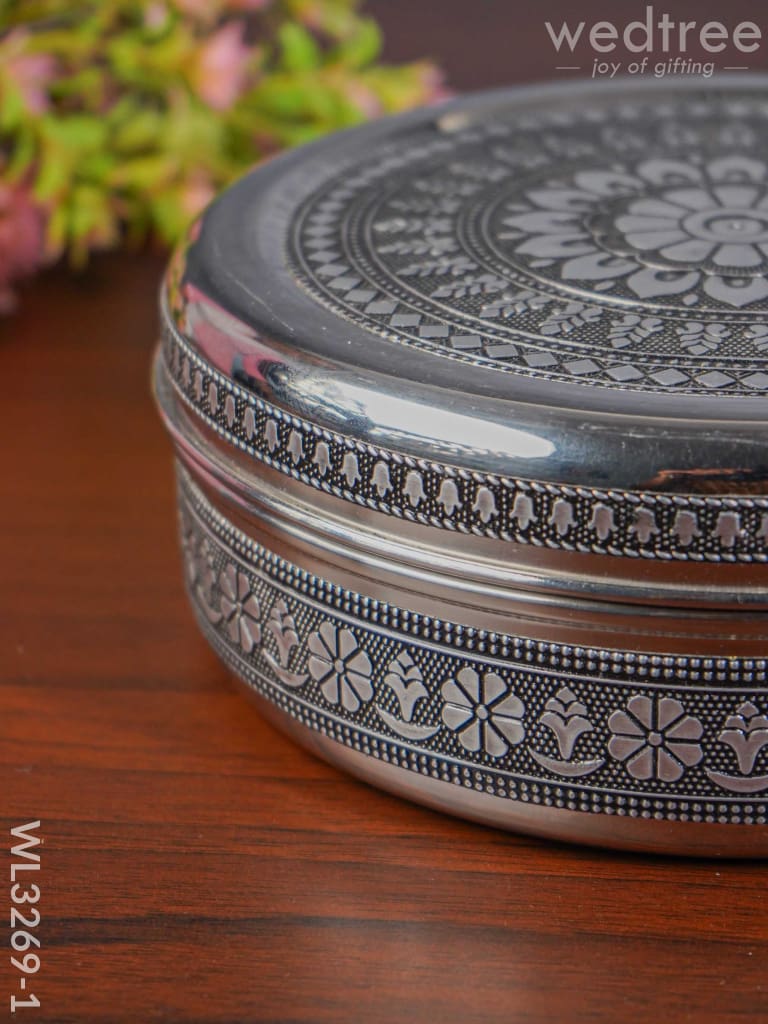 Silver Oxidised Floral Design Poori Box