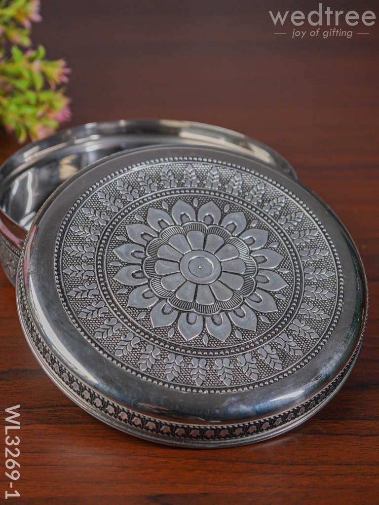 Silver Oxidised Floral Design Poori Box