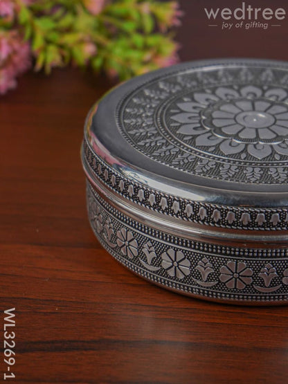 Silver Oxidised Floral Design Poori Box