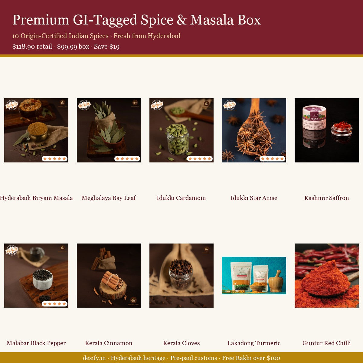 Premium GI-Tagged Spice & Masala Box — 10 origin-certified Indian spices (Lakadong Turmeric, Guntur Chilli, Kashmir Saffron, Idukki Cardamom, Malabar Pepper, Kerala Cinnamon & Cloves, Star Anise, Bay Leaf, Hyderabadi Biryani Masala)