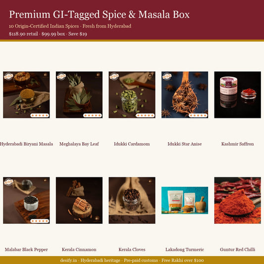 Premium GI-Tagged Spice & Masala Box — 10 origin-certified Indian spices (Lakadong Turmeric, Guntur Chilli, Kashmir Saffron, Idukki Cardamom, Malabar Pepper, Kerala Cinnamon & Cloves, Star Anise, Bay Leaf, Hyderabadi Biryani Masala)