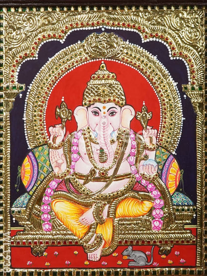 Tanjore Painting Ganesha - Flat (Gold foil) - 15x12