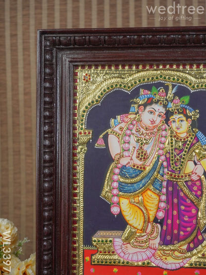 Tanjore Painting Rukmani Krishna (Semi embossed) - 15X12 inch