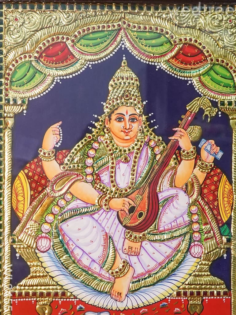 Tanjore Painting Saraswathi - Flat (Gold foil) - 18x14 inch