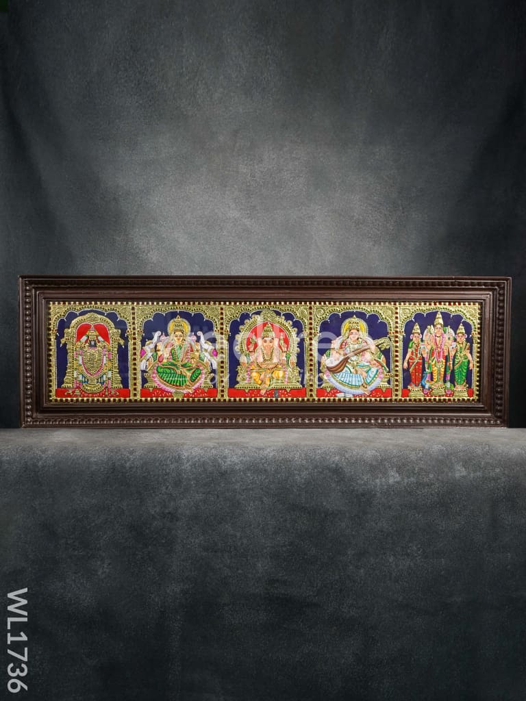 Tanjore Painting - Venkateswara, Lakshmi, Ganesha, Saraswathi, Murugan - Flat (Gold foil) - 9x39 (5 in 1)