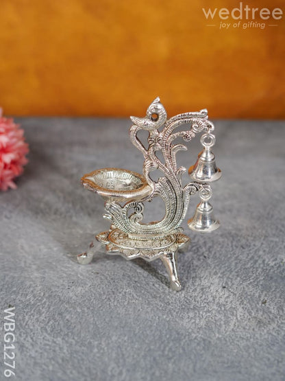 White Metal Chowki with Diya & Hanging Bells