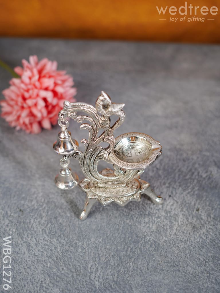 White Metal Chowki with Diya & Hanging Bells