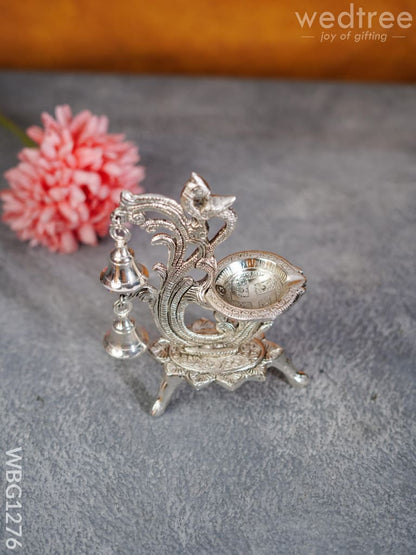 White Metal Chowki with Diya & Hanging Bells