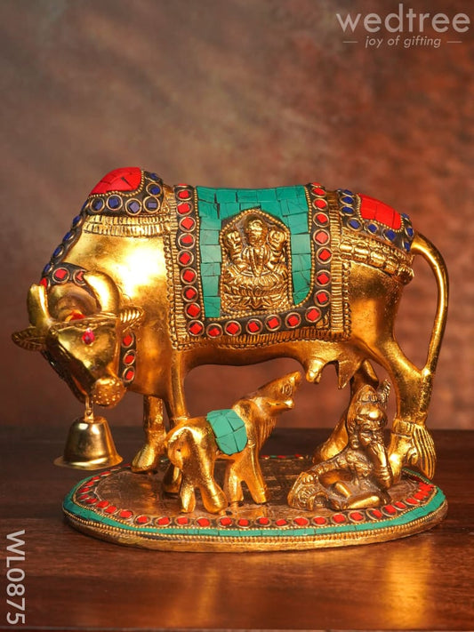 White Metal Cow and Calf with gold Finish