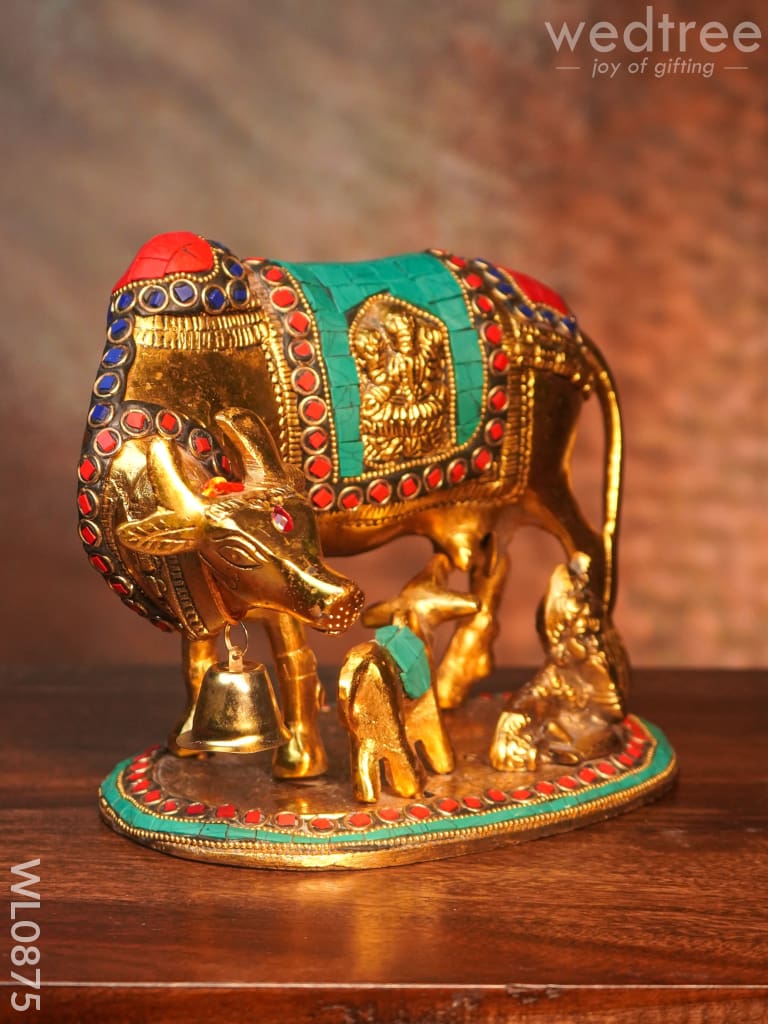 White Metal Cow and Calf with gold Finish