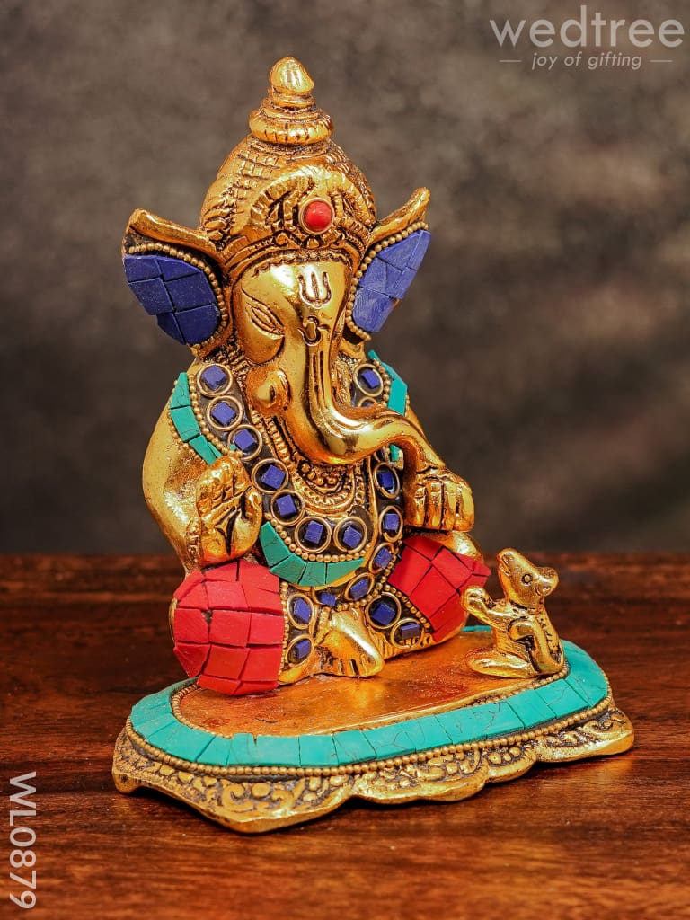 White Metal Gold Finish Ganesh with Mouse Small