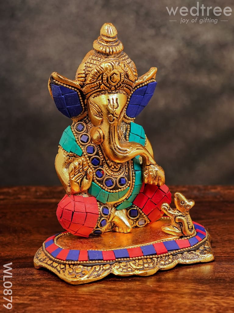 White Metal Gold Finish Ganesh with Mouse Small