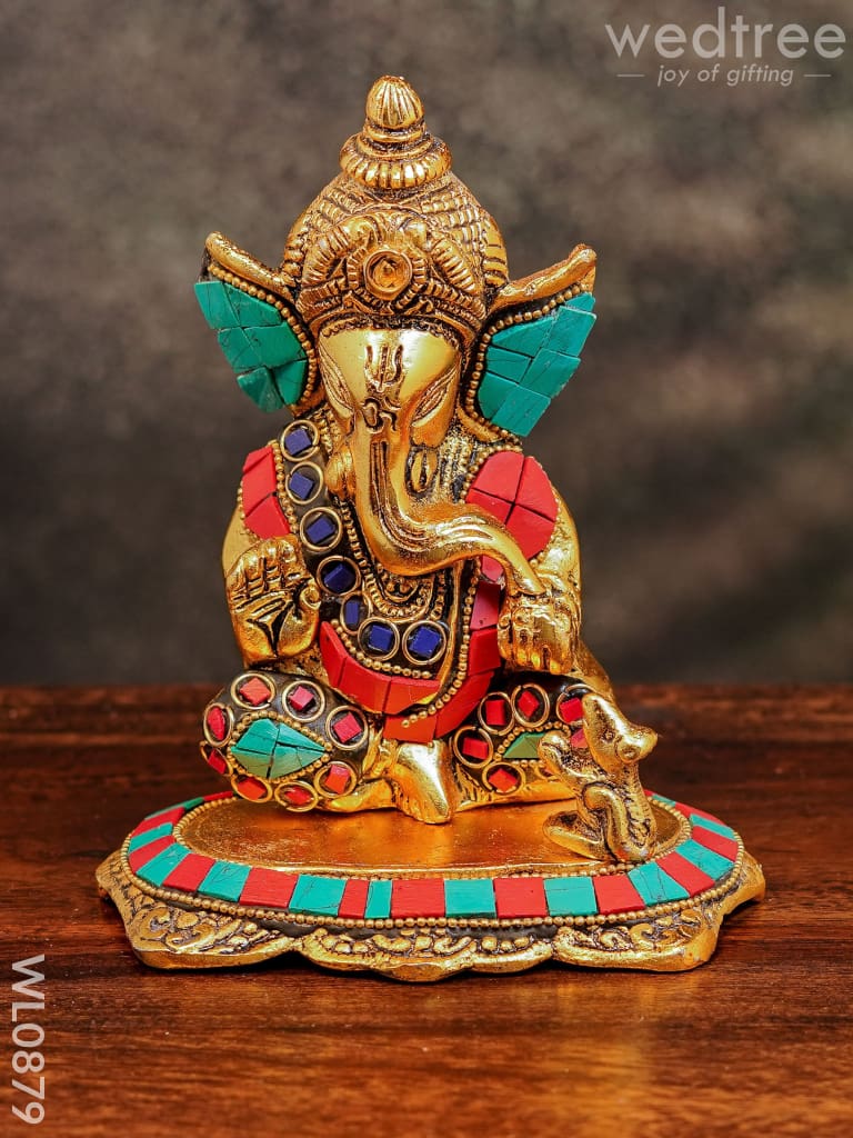 White Metal Gold Finish Ganesh with Mouse Small