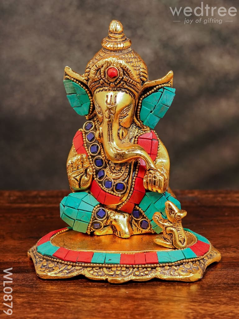 White Metal Gold Finish Ganesh with Mouse Small