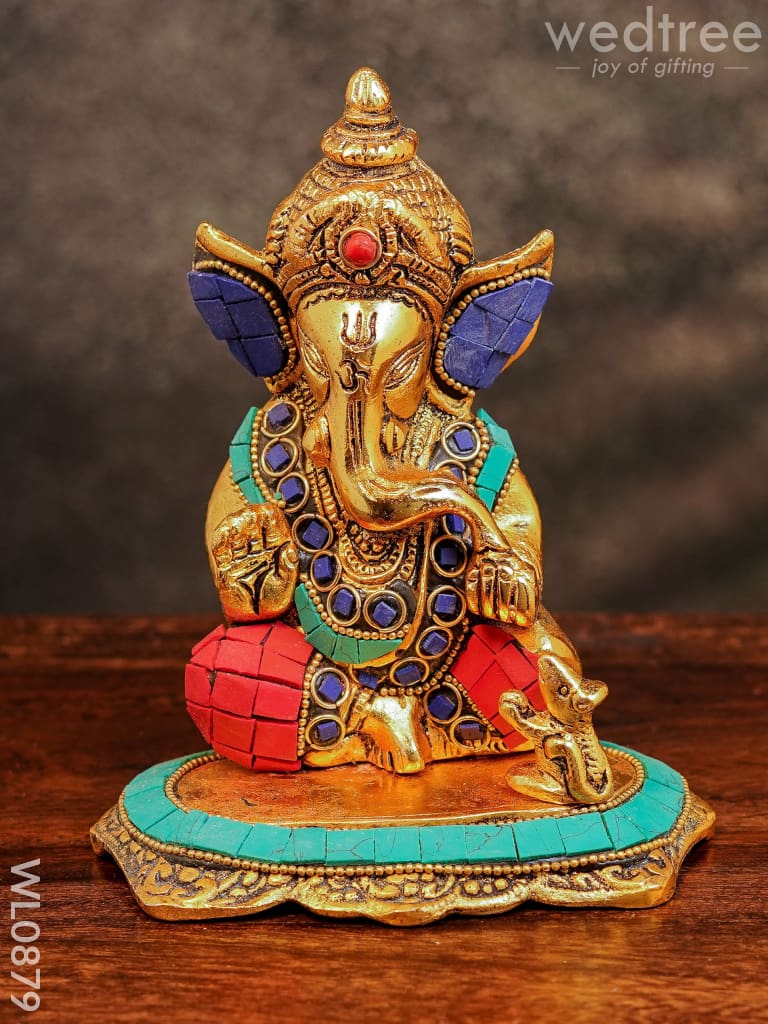 White Metal Gold Finish Ganesh with Mouse Small