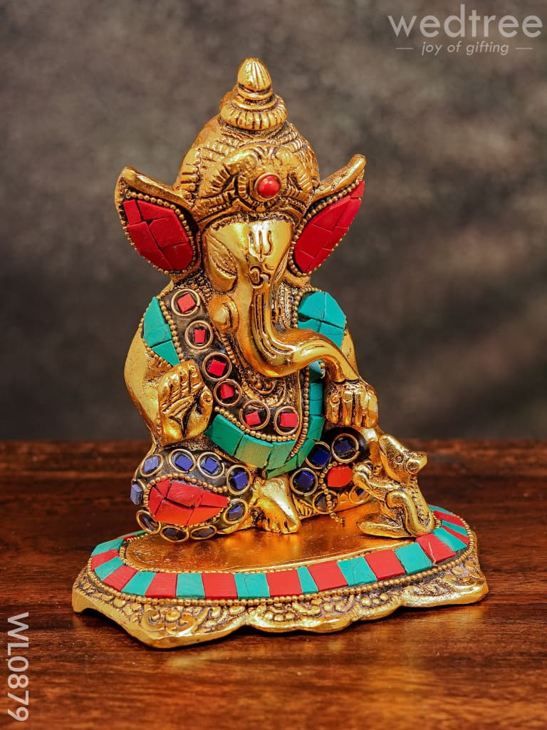 White Metal Gold Finish Ganesh with Mouse Small