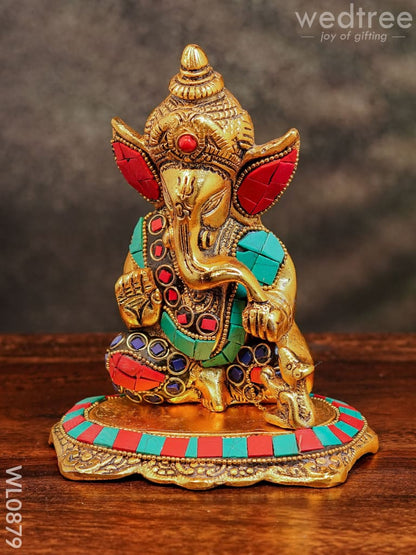 White Metal Gold Finish Ganesh with Mouse Small