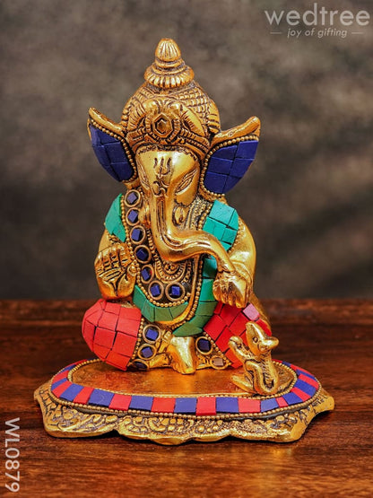 White Metal Gold Finish Ganesh with Mouse Small