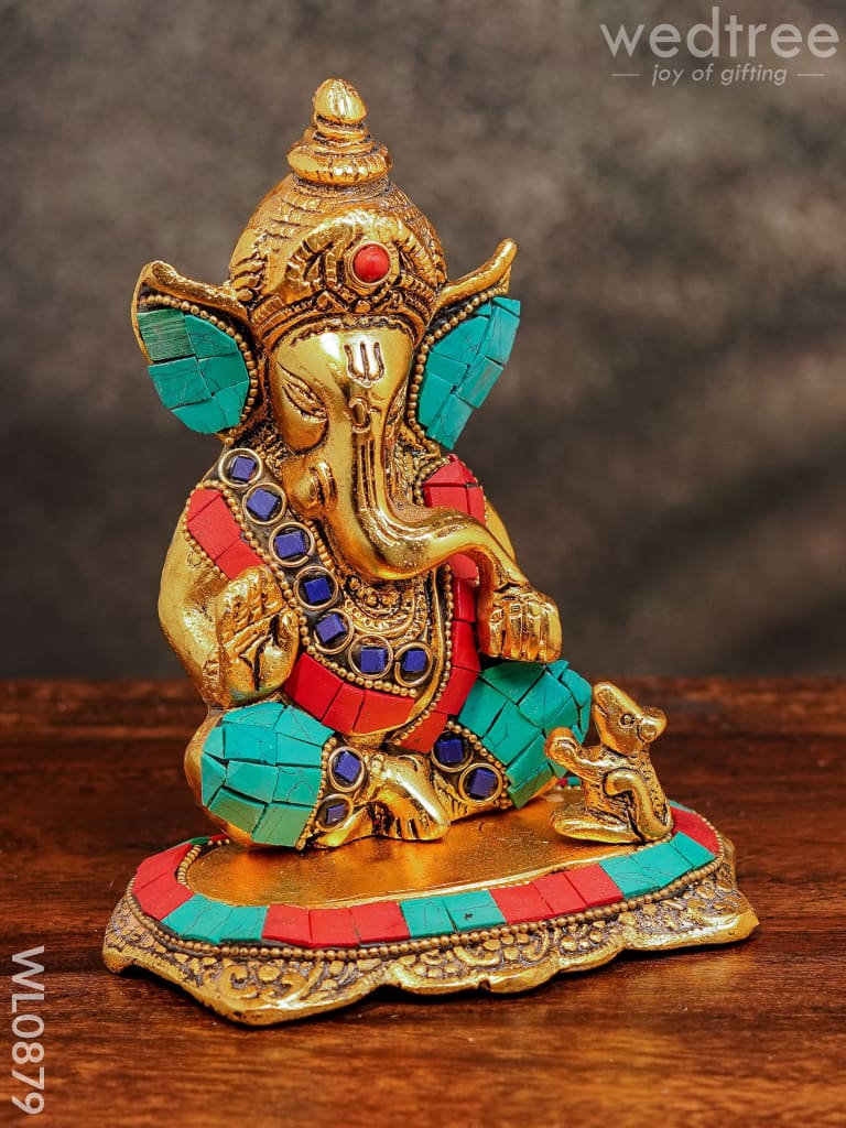 White Metal Gold Finish Ganesh with Mouse Small