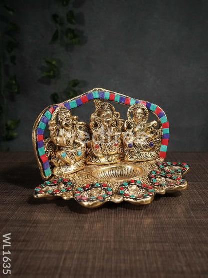 White Metal Lakshmi Ganesh Saraswathi Five Face Diya with Stone Work