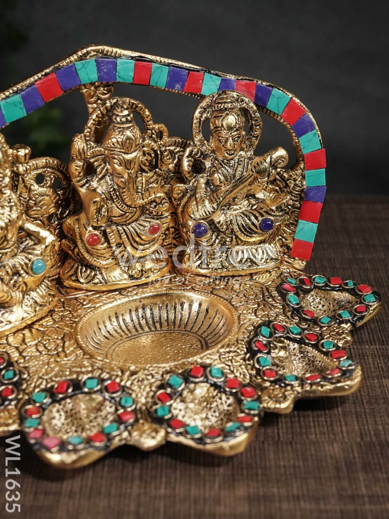 White Metal Lakshmi Ganesh Saraswathi Five Face Diya with Stone Work