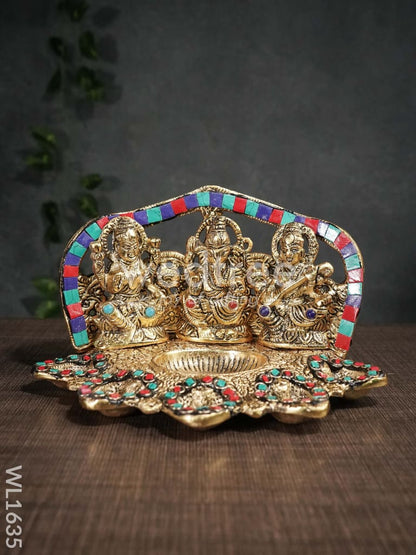 White Metal Lakshmi Ganesh Saraswathi Five Face Diya with Stone Work