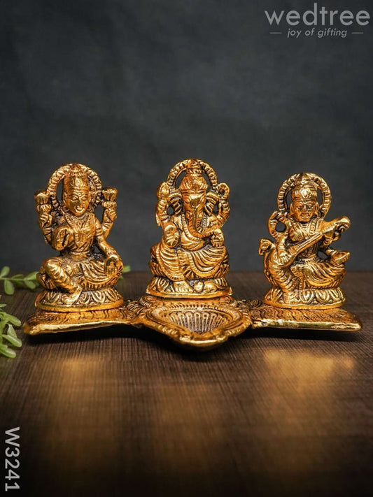 White Metal Lakshmi, Ganesha, Saraswati Diya