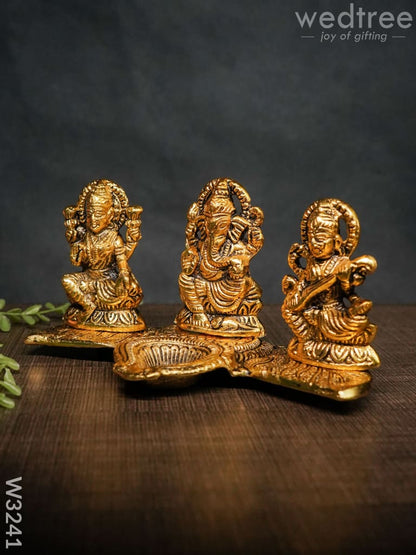 White Metal Lakshmi, Ganesha, Saraswati Diya