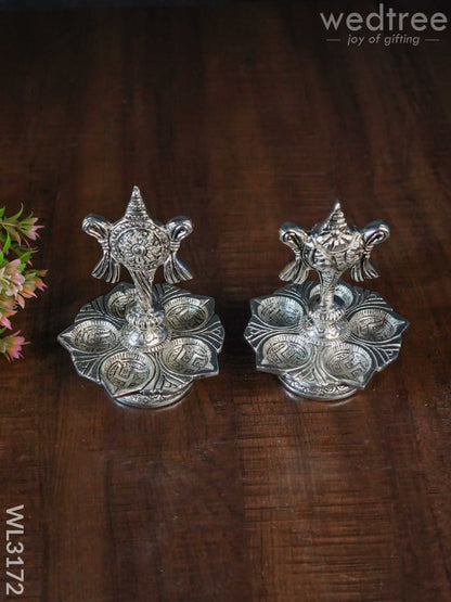 White Metal Shanku Chakra 5 Face Diya - Set of 2