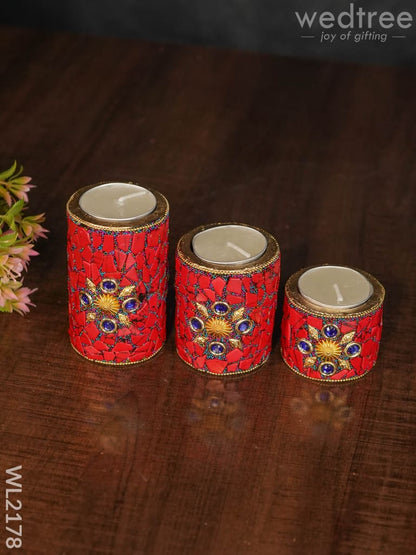 Wooden Candle Holder with Tile Work ( set of 3)