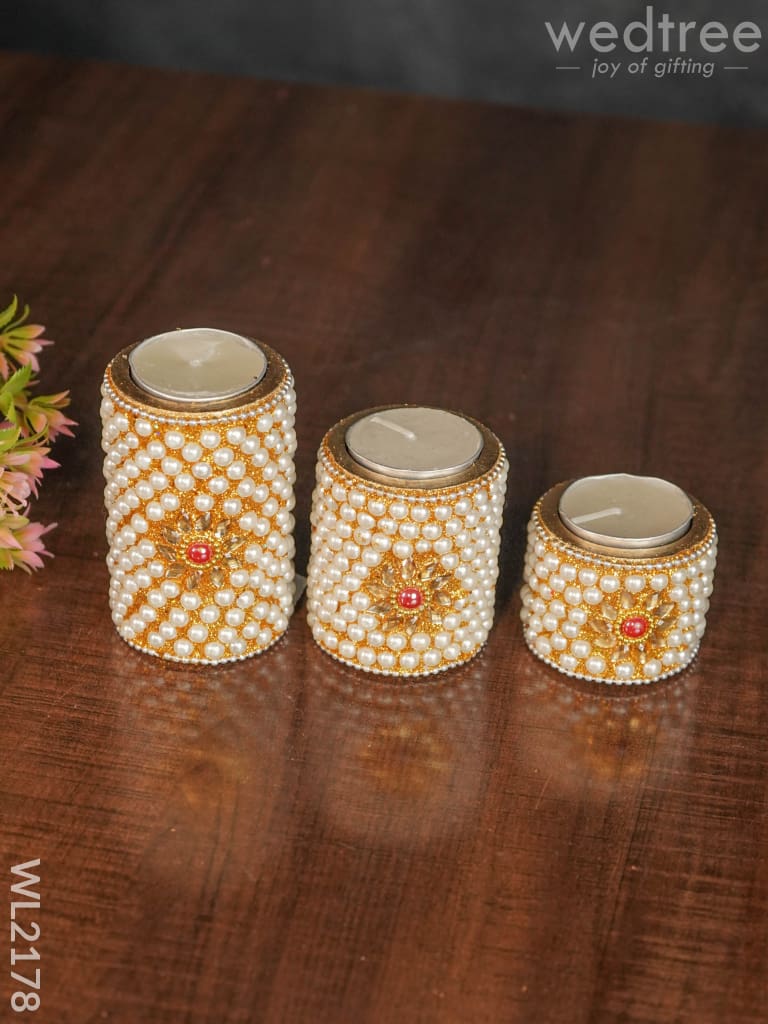 Wooden Candle Holder with Tile Work ( set of 3)