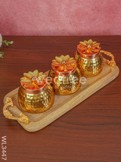 Wooden Plate with 3 Brass Dry Fruit Box