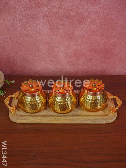 Wooden Plate with 3 Brass Dry Fruit Box