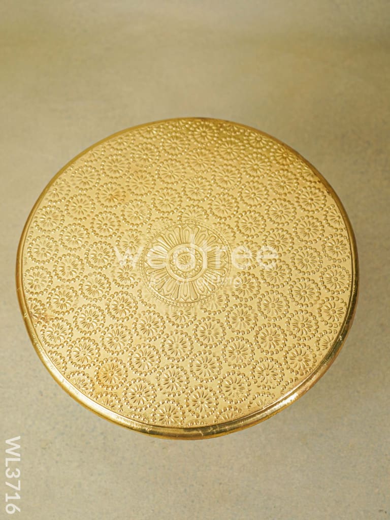 Wooden Round Stool with Brass Fitted Top - 12 inch