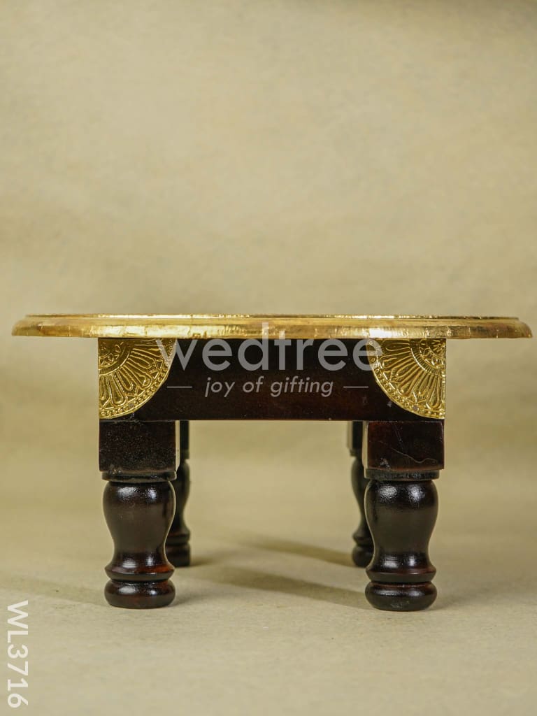 Wooden Round Stool with Brass Fitted Top - 12 inch