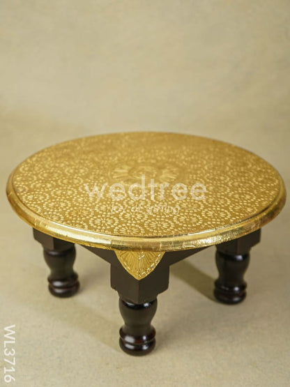 Wooden Round Stool with Brass Fitted Top - 12 inch